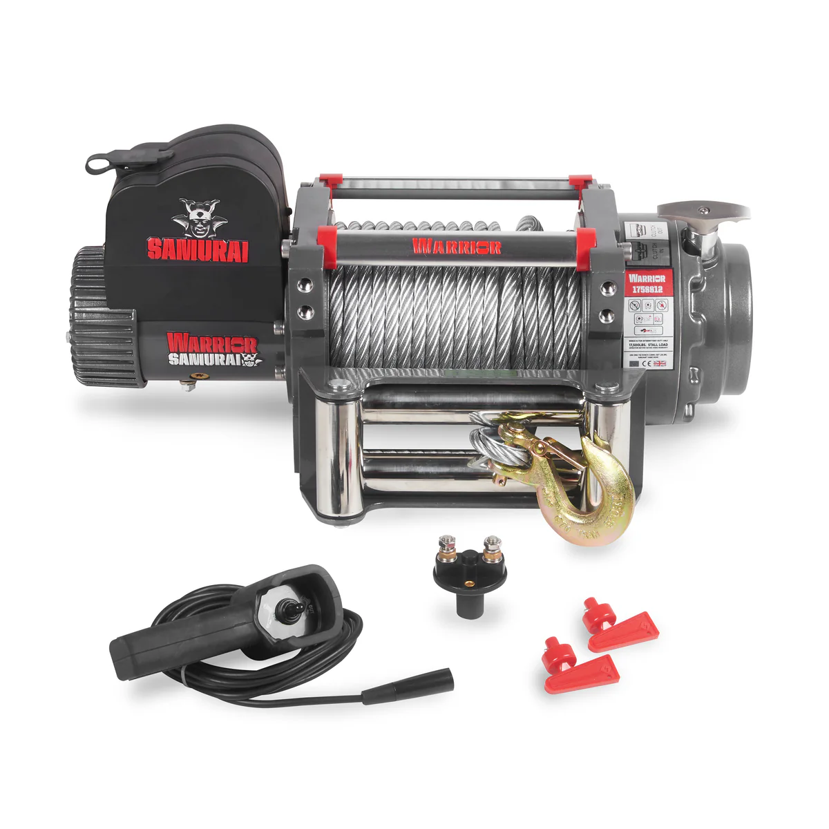 Full kit Warrior Samurai 17500lb recovery winch 24Volt with wire rope isolator switch and wired control