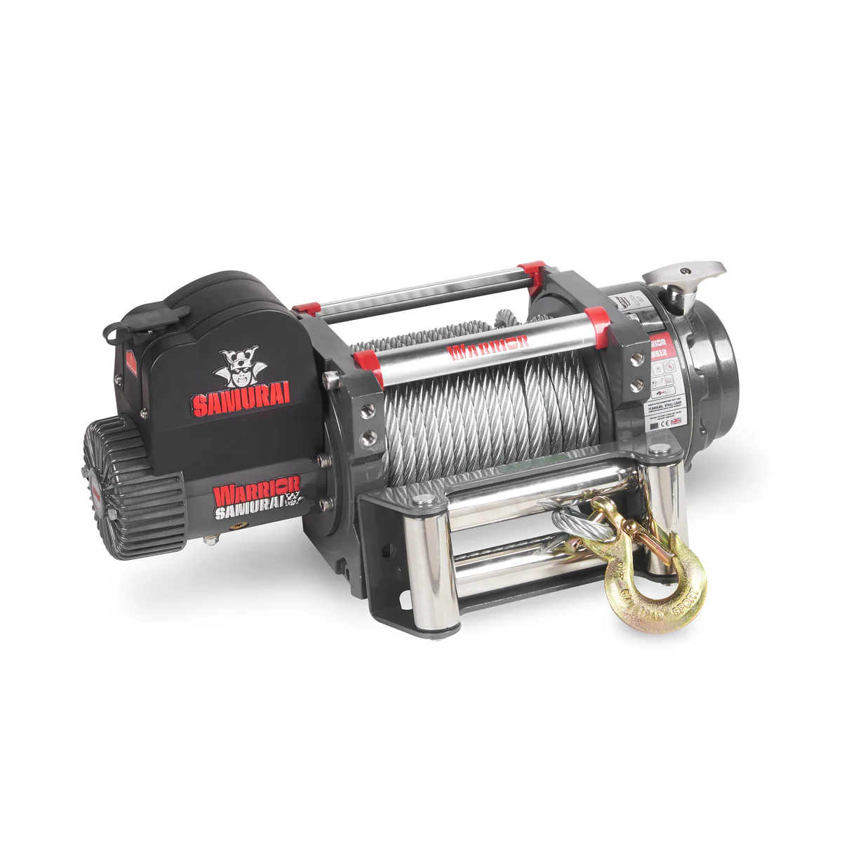 Different angle view Warrior Samurai 17500lb recovery winch 24Volt with wire rope